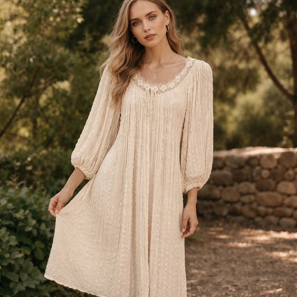 Vintage Dress Midi 3/4 Sleeve Cream Made in Greece Greek Goddess